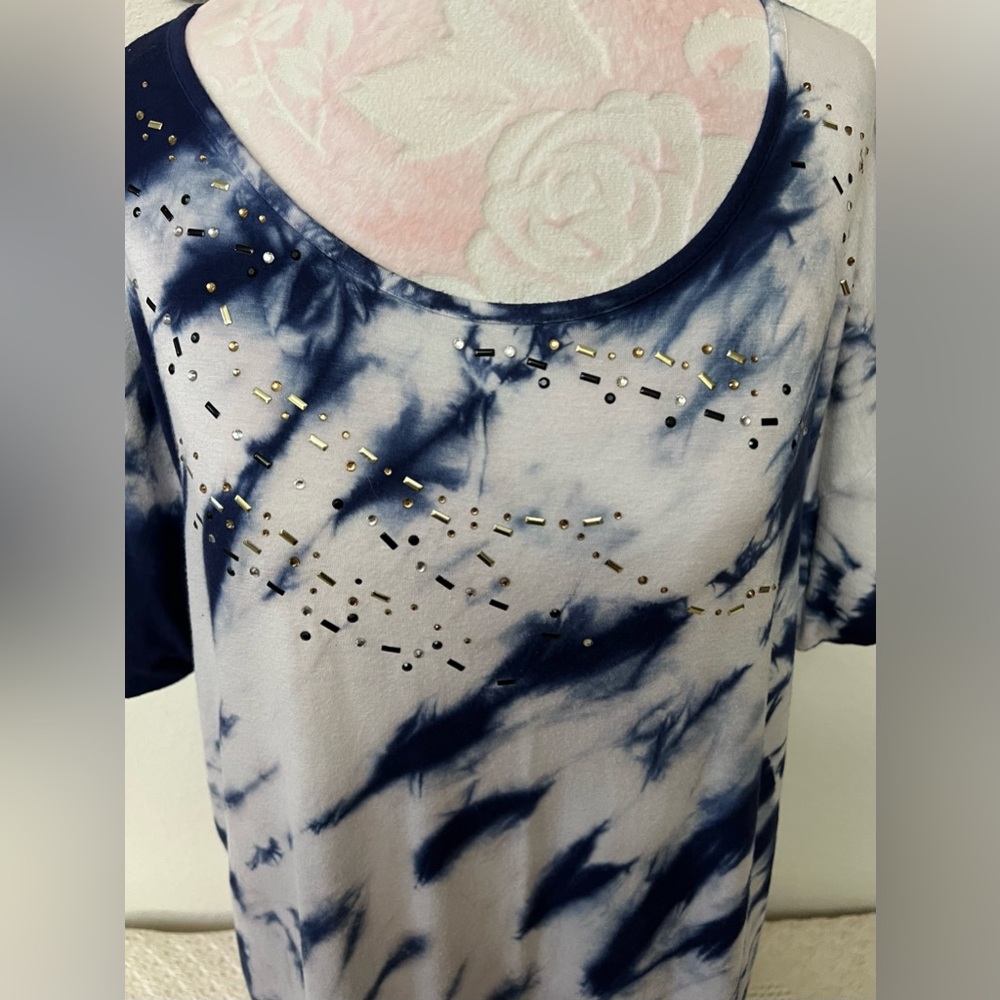 Navy Tie-Dye Embellished Women's Top